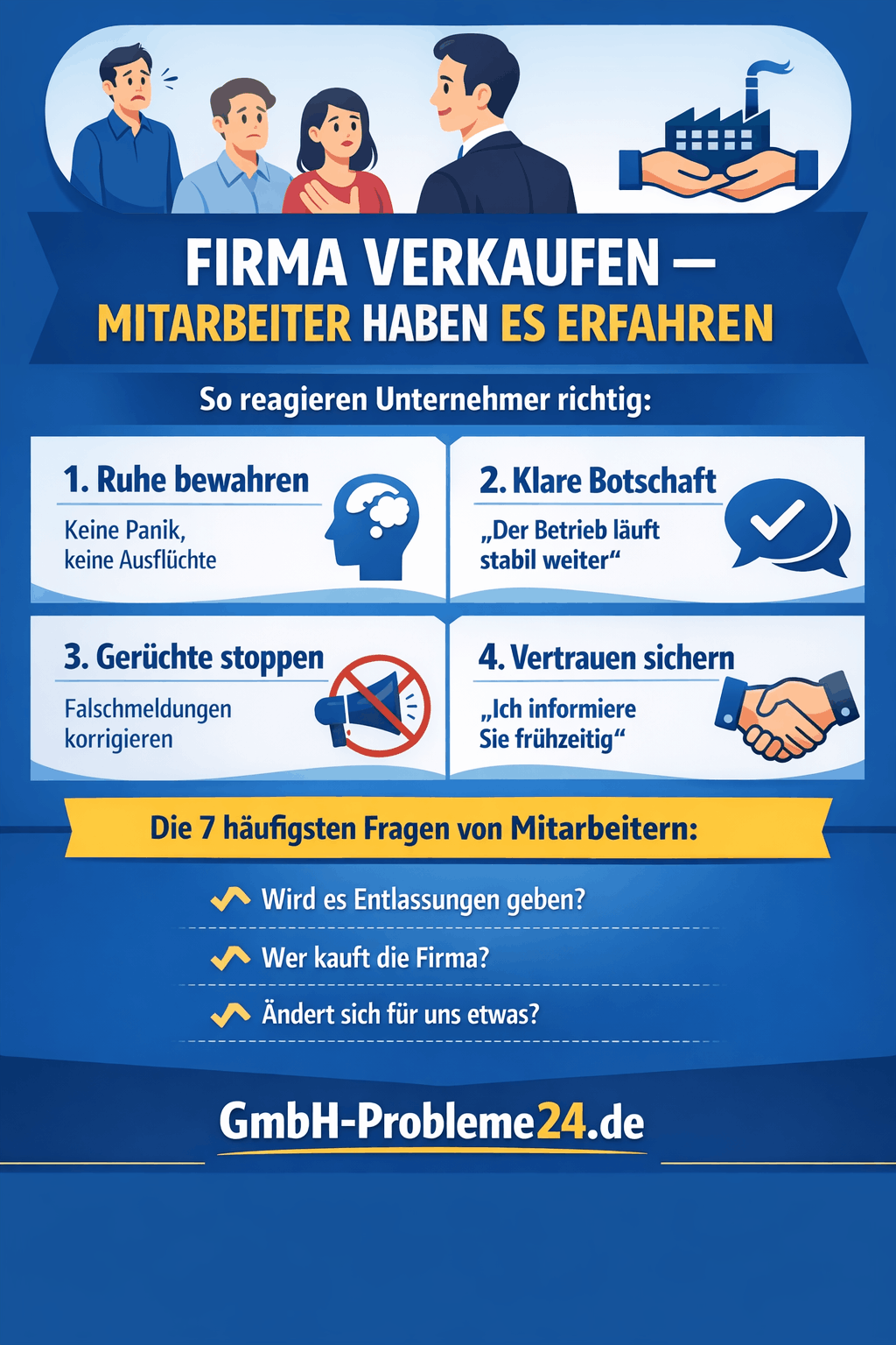 Firma verkaufen – Mitarbeiter haben es erfahren: Was jetzt tun? Infografik